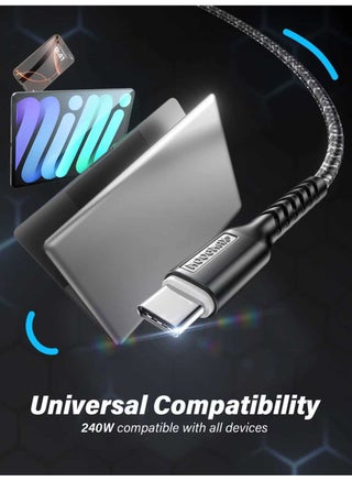 1 meter Type C to type c cable fast charger. cable type c made of durable, braided fabric to prevent breakage. data cable type c supports 240W fast charging and 480Mbps data transfer. charger cable connector features overvoltage and damage protection. compatible with Samsung, iPhone, iPad, laptops, and many other devices. - view 4